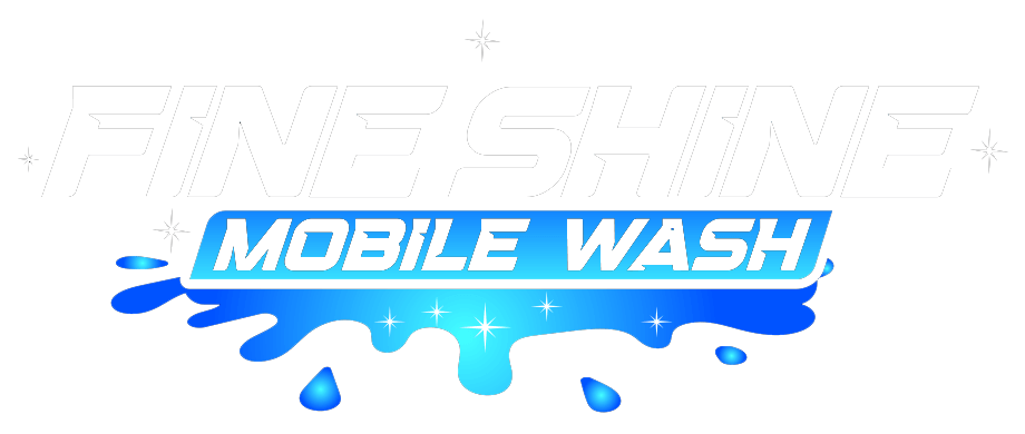 Fine Shine Mobile Wash Logo for Fine Shine Mobile Wash featuring bold white and blue text, accented by water droplets and sparkling stars, set against a sleek black background.