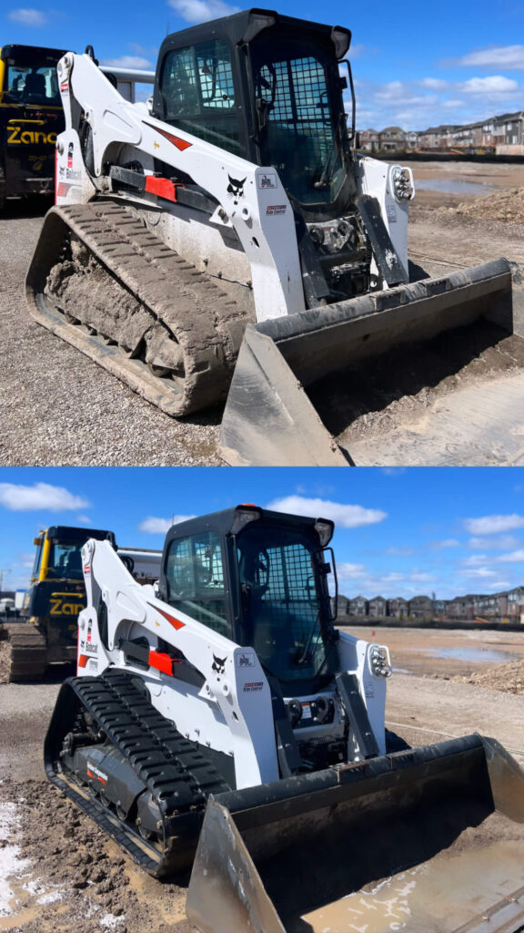 Fine Shine Mobile Wash Two images show a white Bobcat compact track loader on a construction site, with muddy tracks and bucket under a blue sky—perfect for a Fine Shine Mobile Wash transformation.