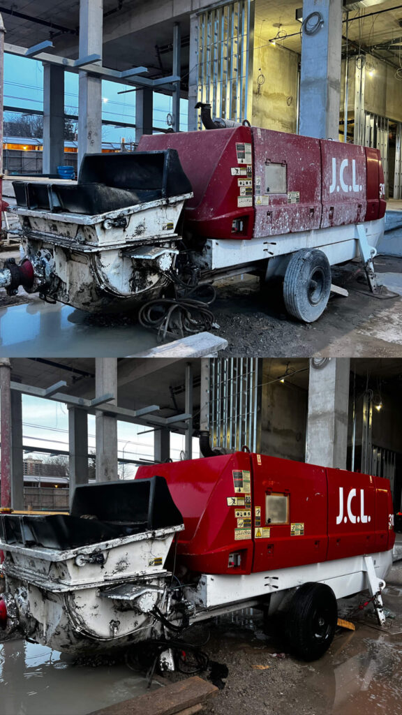 Fine Shine Mobile Wash A red JCL concrete pump with white lettering is parked at a construction site, surrounded by unfinished concrete columns and some standing water—its spotless look maintained by Fine Shine Mobile Wash.