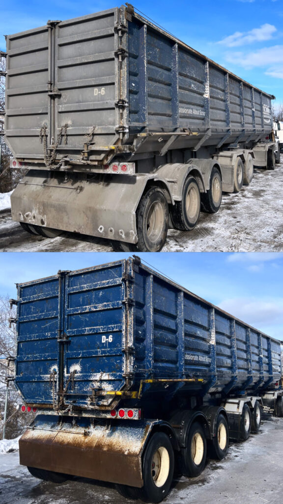 Fine Shine Mobile Wash Two blue industrial dump trailers, marked with mud and salt stains from winter road conditions, are parked on snowy, partially wet ground—perfect candidates for a Fine Shine Mobile Wash restoration.