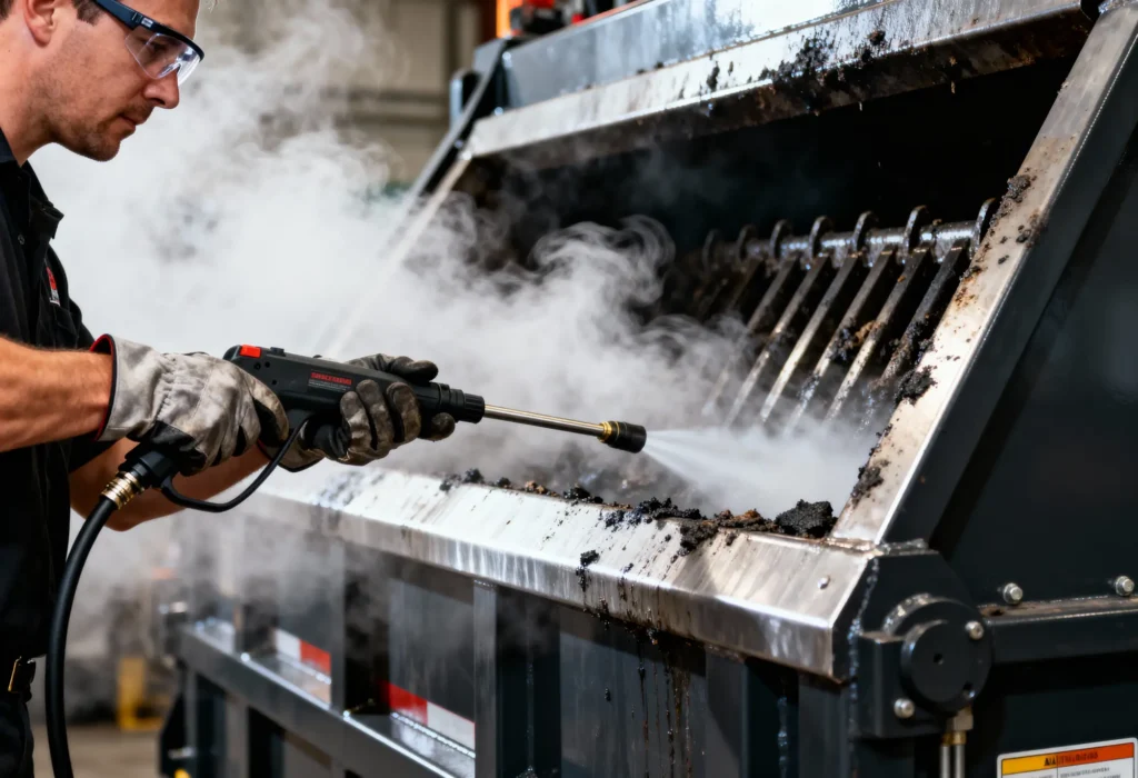 Fine Shine Mobile Wash A worker uses a high-pressure washer to clean an industrial machine with visible steam and debris.