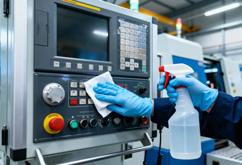 Fine Shine Mobile Wash A person wearing blue gloves cleans the control panel of industrial machinery with a cloth and spray bottle in a factory setting.