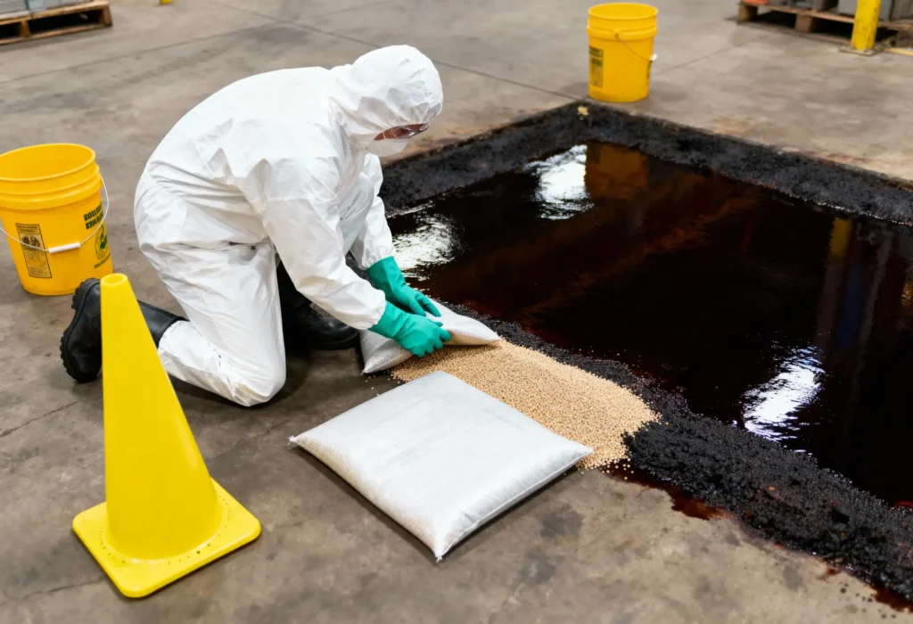 Fine Shine Mobile Wash A person in protective gear pours absorbent material onto a large liquid spill on a warehouse floor, with yellow caution cones and buckets nearby.
