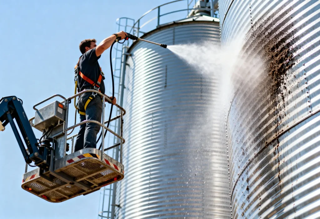Fine Shine Mobile Wash A worker on a lift uses a high-pressure hose to clean the exterior of a large metal silo on a clear day.