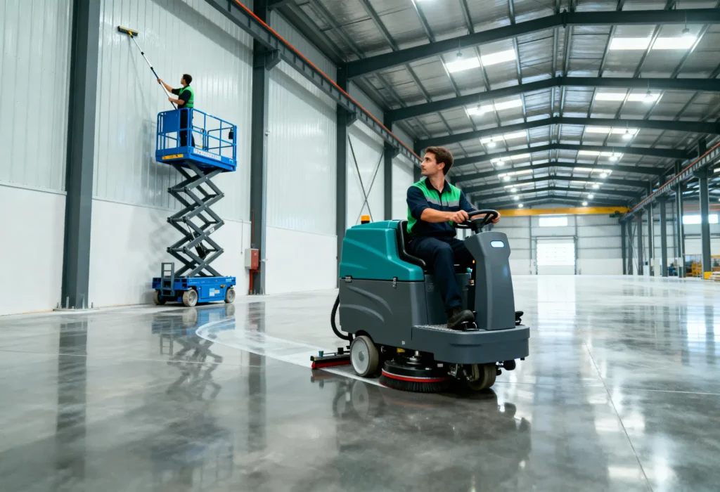 Fine Shine Mobile Wash A person drives a floor scrubber on a shiny warehouse floor while another person cleans a high wall using a lift.