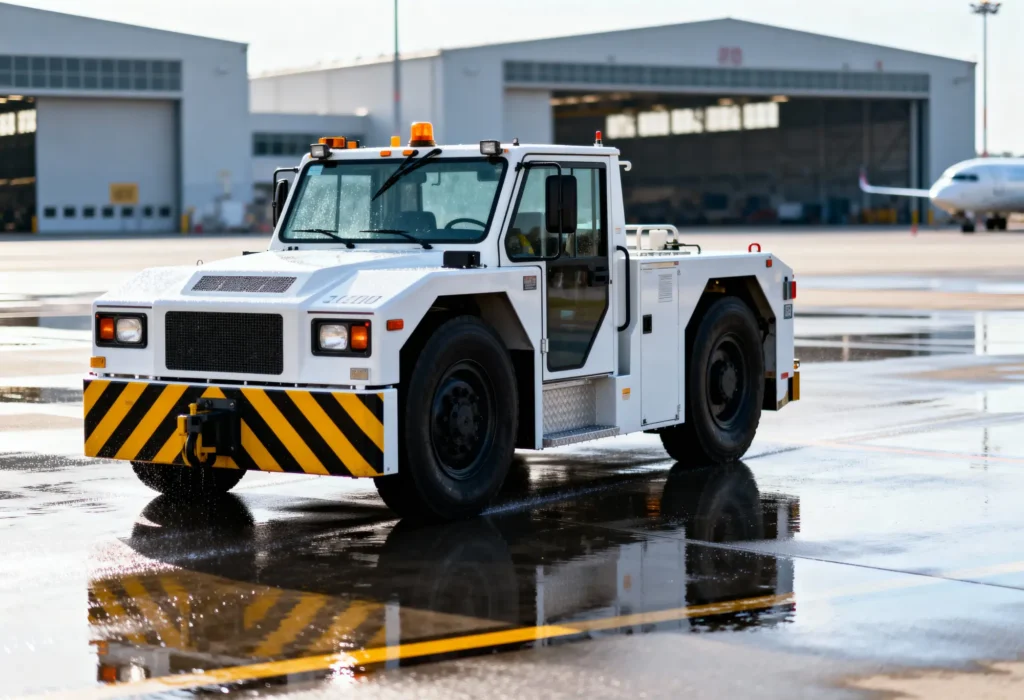 Fine Shine Mobile Wash A white airport tow tractor with yellow and black striped bumper is parked on a wet tarmac near hangars, with an airplane visible in the background.