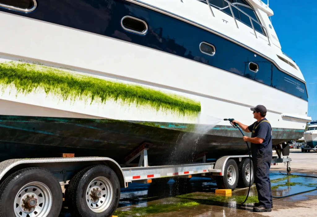 Fine Shine Mobile Wash A person uses a pressure washer to clean algae off the hull of a white boat that is mounted on a trailer.