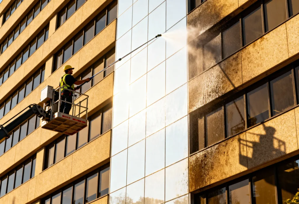 Fine Shine Mobile Wash A worker in a lift uses a power washer to clean the exterior windows of a multi-story building, removing dirt and grime.