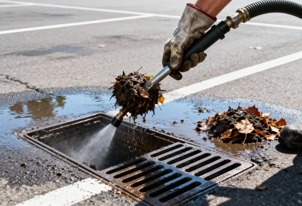 Fine Shine Mobile Wash Worker uses a hose to remove wet leaves and debris from a storm drain in a parking lot, with water spraying and a pile of debris nearby.