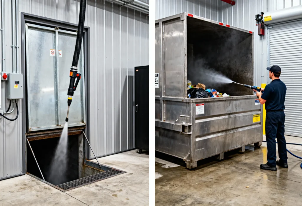 Fine Shine Mobile Wash Two images: One shows a hose spraying water into a metal floor opening; the other shows a person pressure washing the inside of a large metal dumpster indoors.