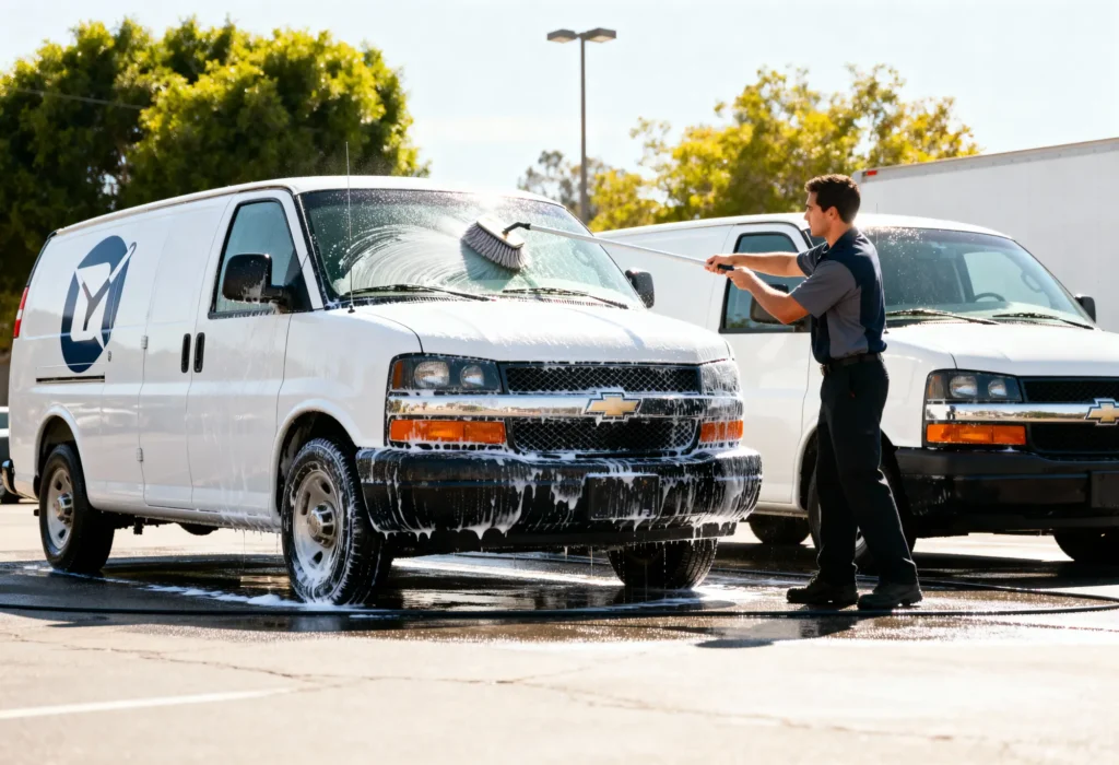 Fine Shine Mobile Wash A person washes a white Chevrolet van with soap and water in a parking lot; another van is parked nearby.
