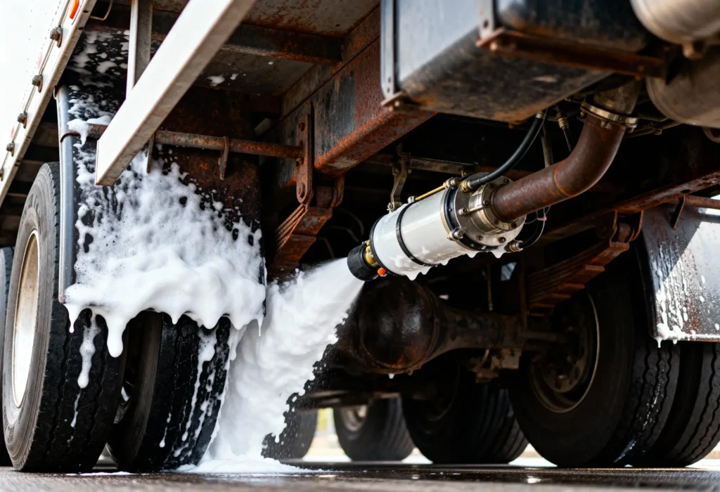 Fine Shine Mobile Wash Close-up of foam spraying from a nozzle under a truck, covering the tires and underside with white cleaning foam.