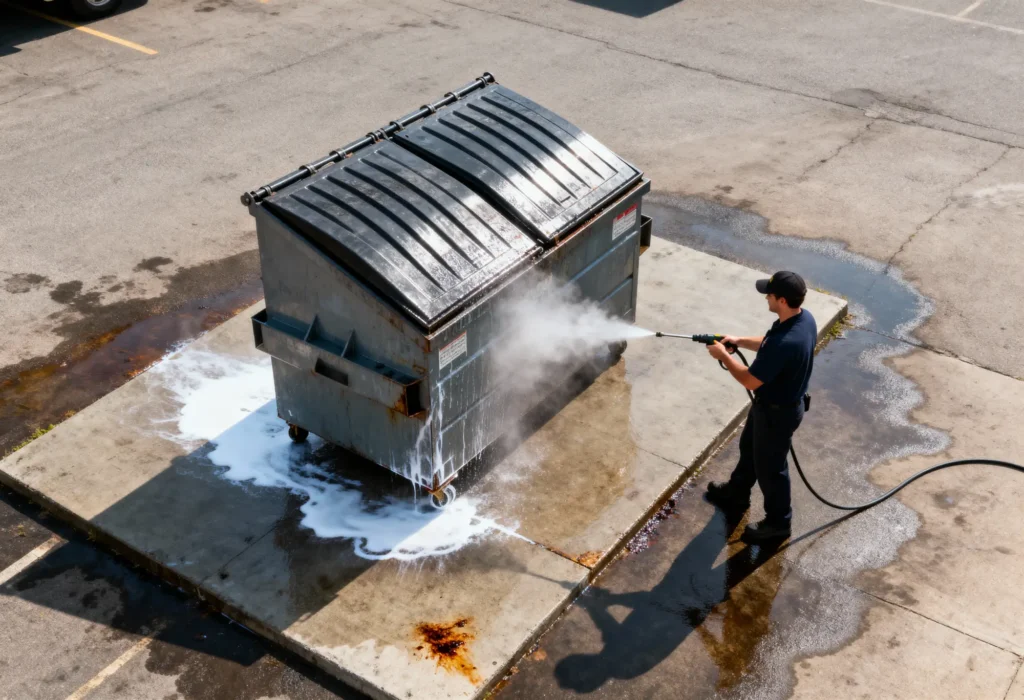 Fine Shine Mobile Wash A person uses a pressure washer to clean a large metal dumpster in a parking lot, with soap suds and water pooling on the ground.