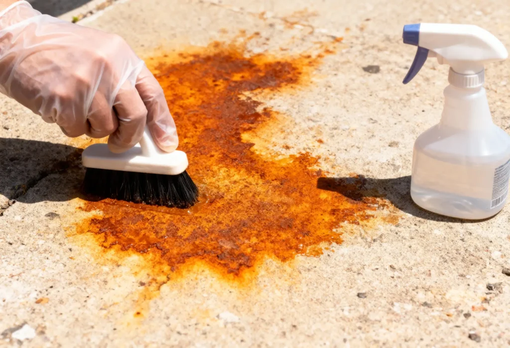 Fine Shine Mobile Wash A gloved hand scrubs a rust stain on concrete with a brush, next to a spray bottle.