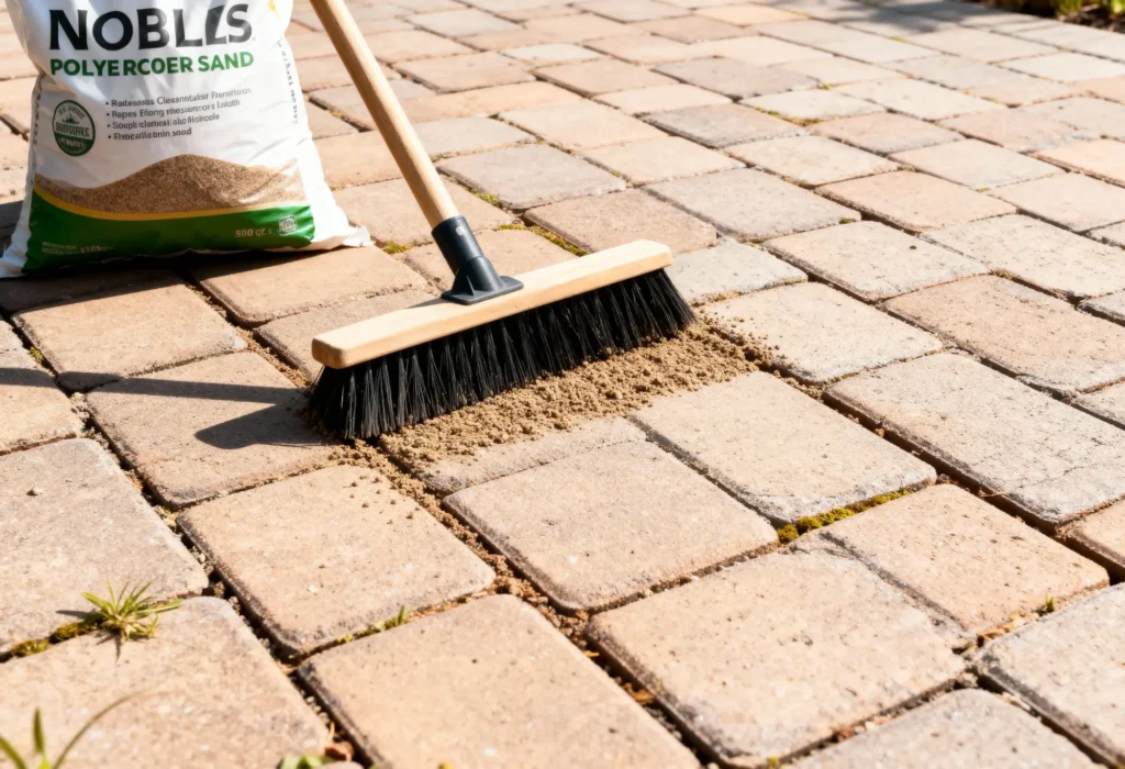 Fine Shine Mobile Wash A broom spreads sand between paving stones on a patio, with a bag of polymeric sand visible in the background.