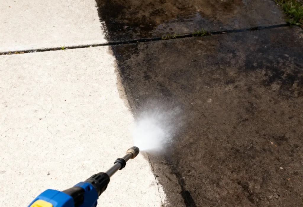 Fine Shine Mobile Wash A pressure washer cleans a dirty concrete surface, with a clear contrast between the cleaned and uncleaned areas.