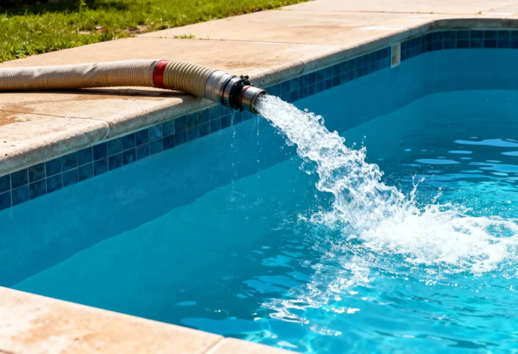 Fine Shine Mobile Wash A large hose fills a backyard swimming pool with water, causing splashes on the pool's surface.