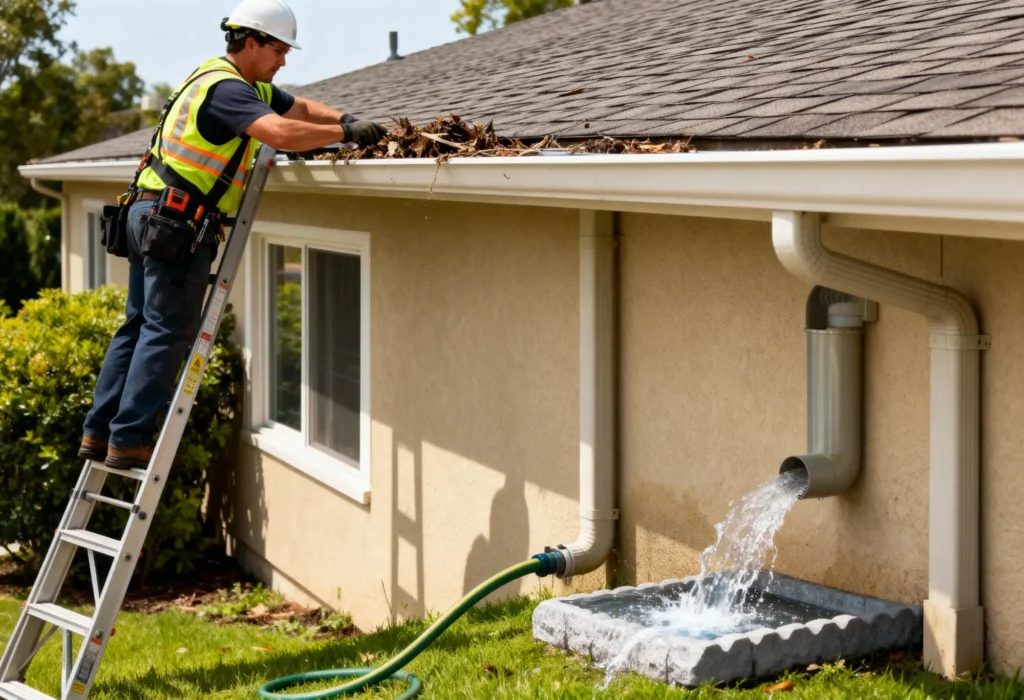Fine Shine Mobile Wash A worker on a ladder cleans leaves from a house gutter while water flows from the downspout into a collection tray below.