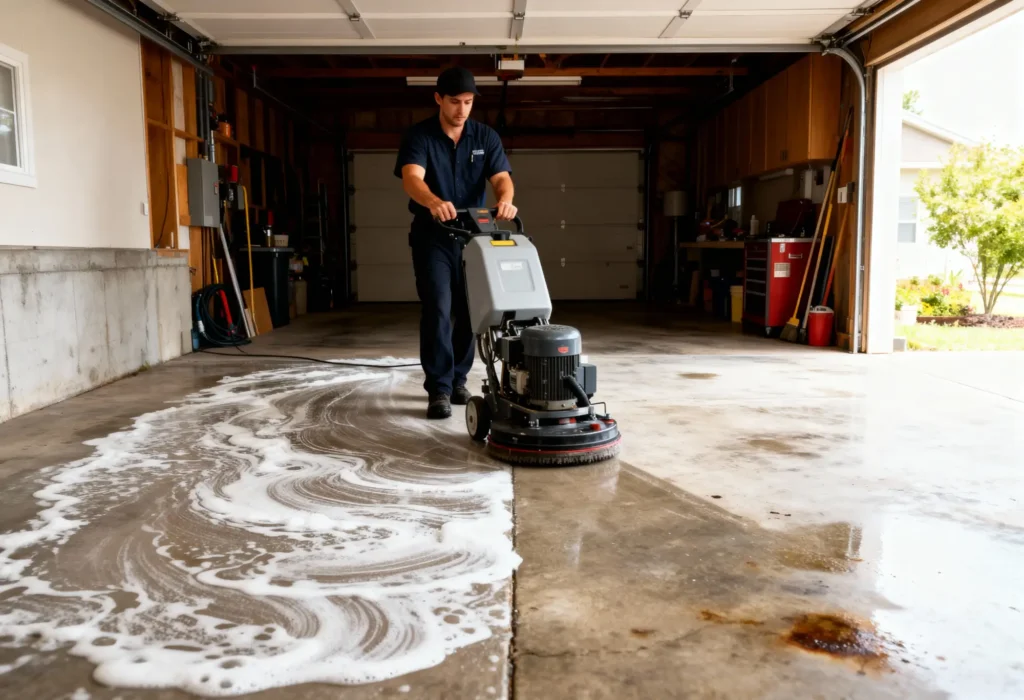 Fine Shine Mobile Wash A person uses a floor cleaning machine to scrub the concrete floor of a garage, leaving a trail of soapy water behind.
