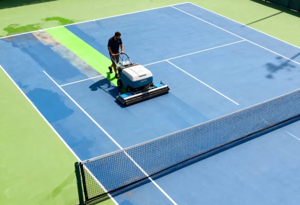 Fine Shine Mobile Wash A person operates a floor cleaning machine on a blue outdoor tennis court, cleaning the surface near the net.