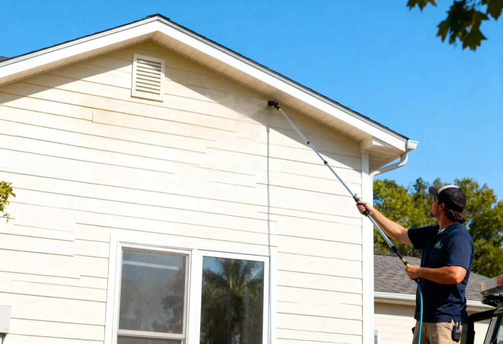 Fine Shine Mobile Wash A person uses a long-handled pressure washer to clean the exterior siding of a light-colored house on a clear day.