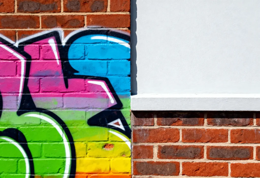 Fine Shine Mobile Wash A brick wall with colorful graffiti on the left side and plain white paint covering bricks on the right side, divided vertically.
