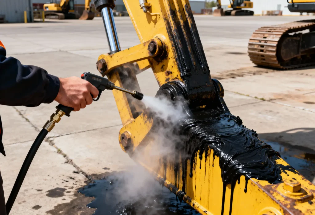 Fine Shine Mobile Wash A person uses a high-pressure washer to clean thick black grease off the yellow arm of a construction vehicle outdoors.