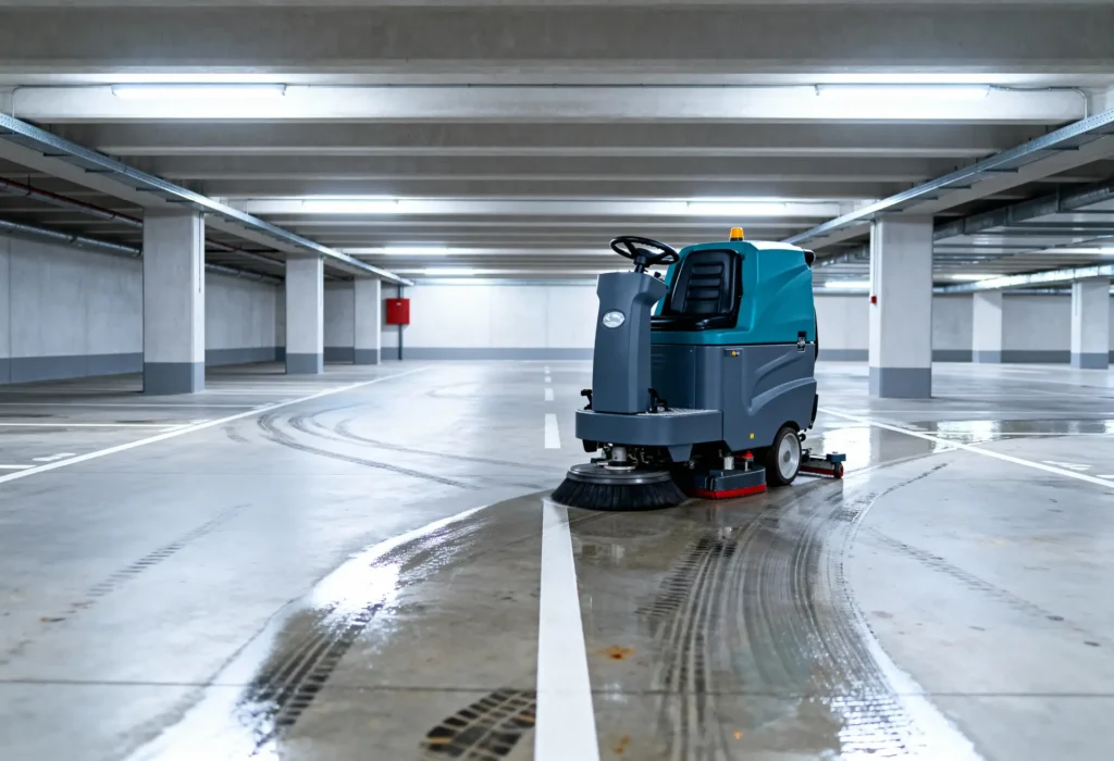 Fine Shine Mobile Wash A floor cleaning machine operates in an empty, well-lit underground parking garage, leaving clean, wet tracks behind it.
