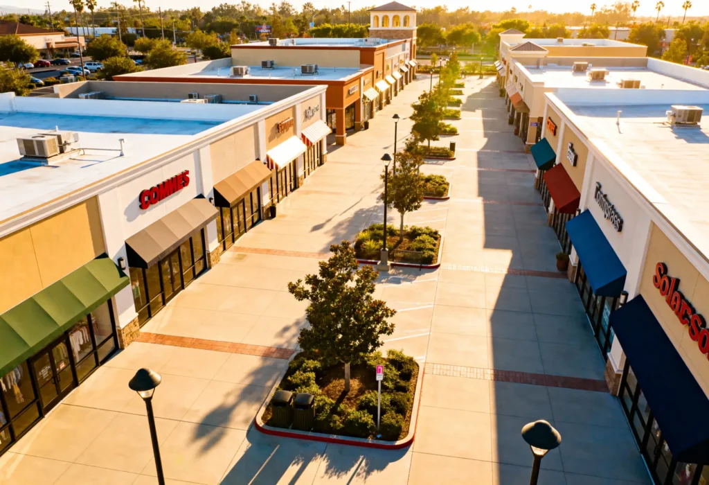 Fine Shine Mobile Wash Aerial view of an empty outdoor shopping center with storefronts, trees, and awnings at sunset.