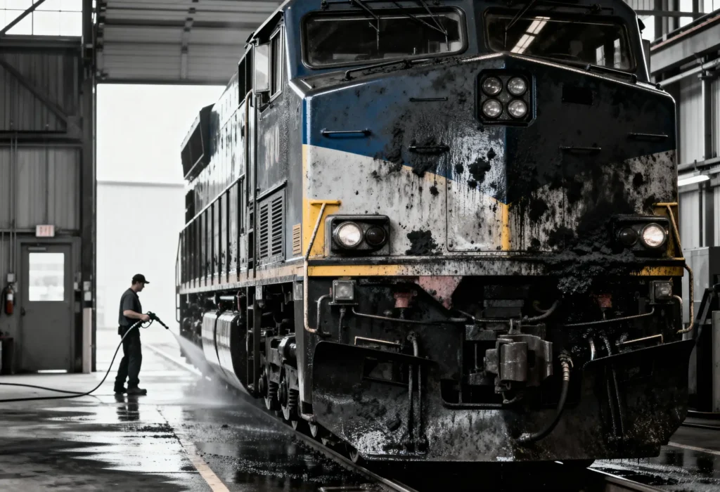 Fine Shine Mobile Wash A person uses a hose to clean the front of a dirty locomotive inside a train maintenance facility.