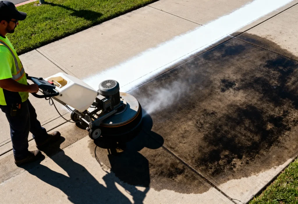 Fine Shine Mobile Wash A worker uses a power washer to clean a stained sidewalk, revealing a cleaner surface next to a fresh white-painted curb.