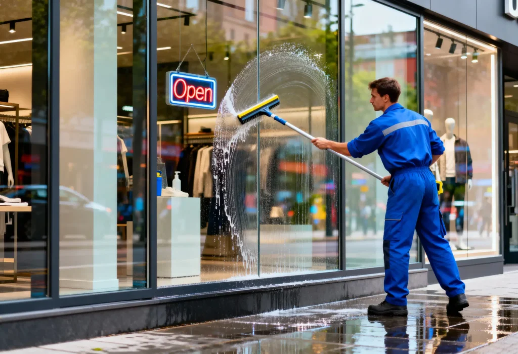 Fine Shine Mobile Wash A worker in blue overalls cleans the exterior windows of a store with an "Open" sign, using a long-handled squeegee and soap on a city street.