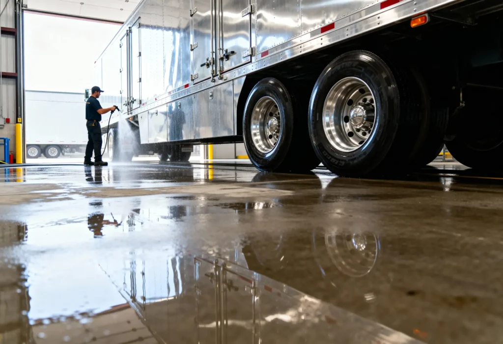 Fine Shine Mobile Wash A worker uses a pressure washer to clean the side of a large truck trailer inside a garage, with reflections visible on the wet floor.
