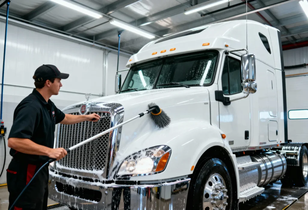 Fine Shine Mobile Wash A person uses a long-handled brush to wash the front of a large white semi-truck inside a garage or detailing bay.
